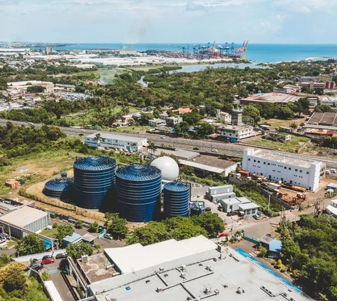 Aerial view of an industrial energy site by the coast