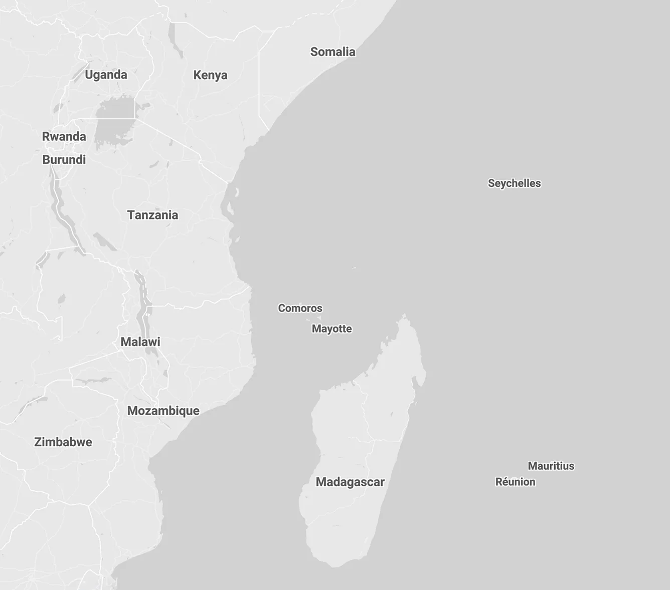 ENEYA footprint — East Africa and Indian Ocean islands map